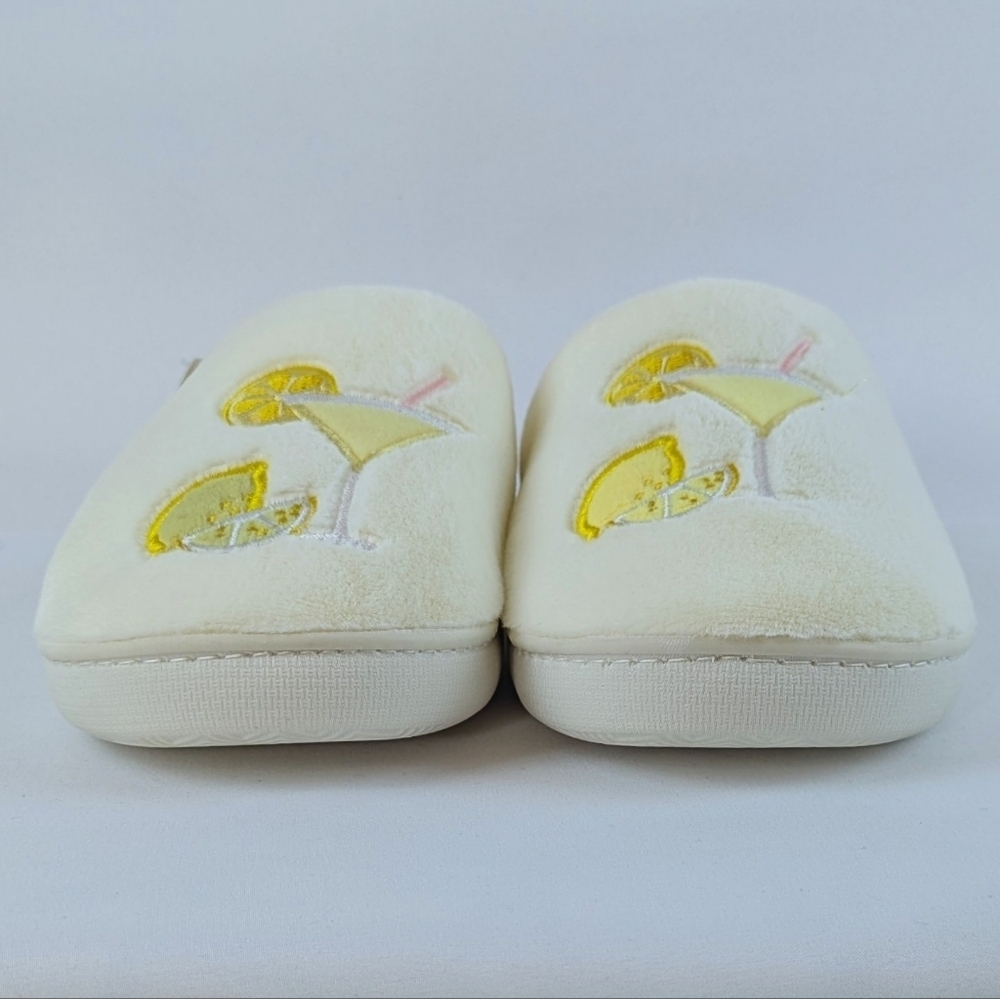 Slippers Lemon Drop Martini Embroidery Faux Fur Slip On Ivory L (8-9) NWT - Picture 7 of 13